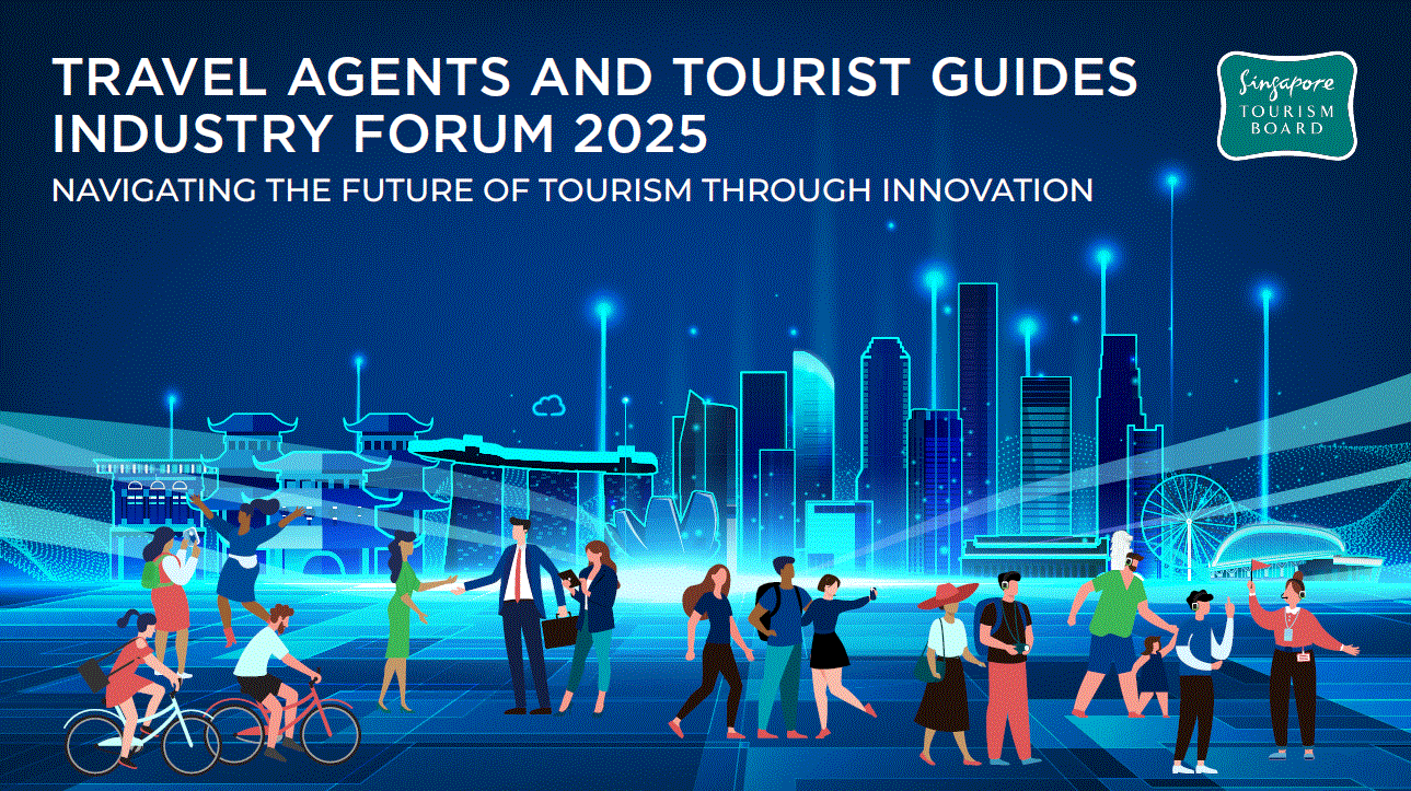 Dark blue graphic with Singapore attractions icons and tourist guides.